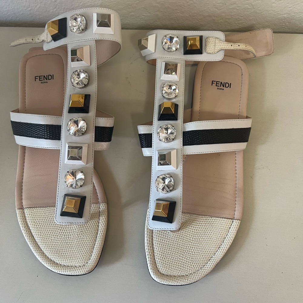 Fendi Women's White and Black Embellished Sandals